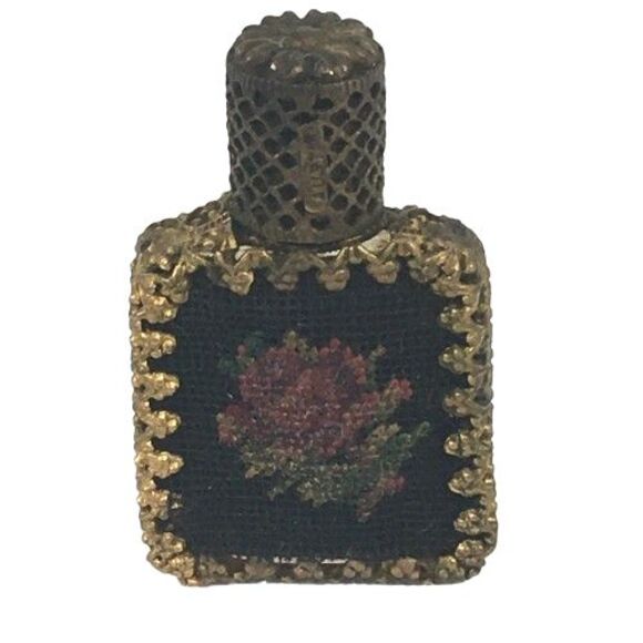 Vtg Austrian Glass Perfume Bottle Petit Point Floral Rose Brass Filigree Ormolu - Picture 1 of 13